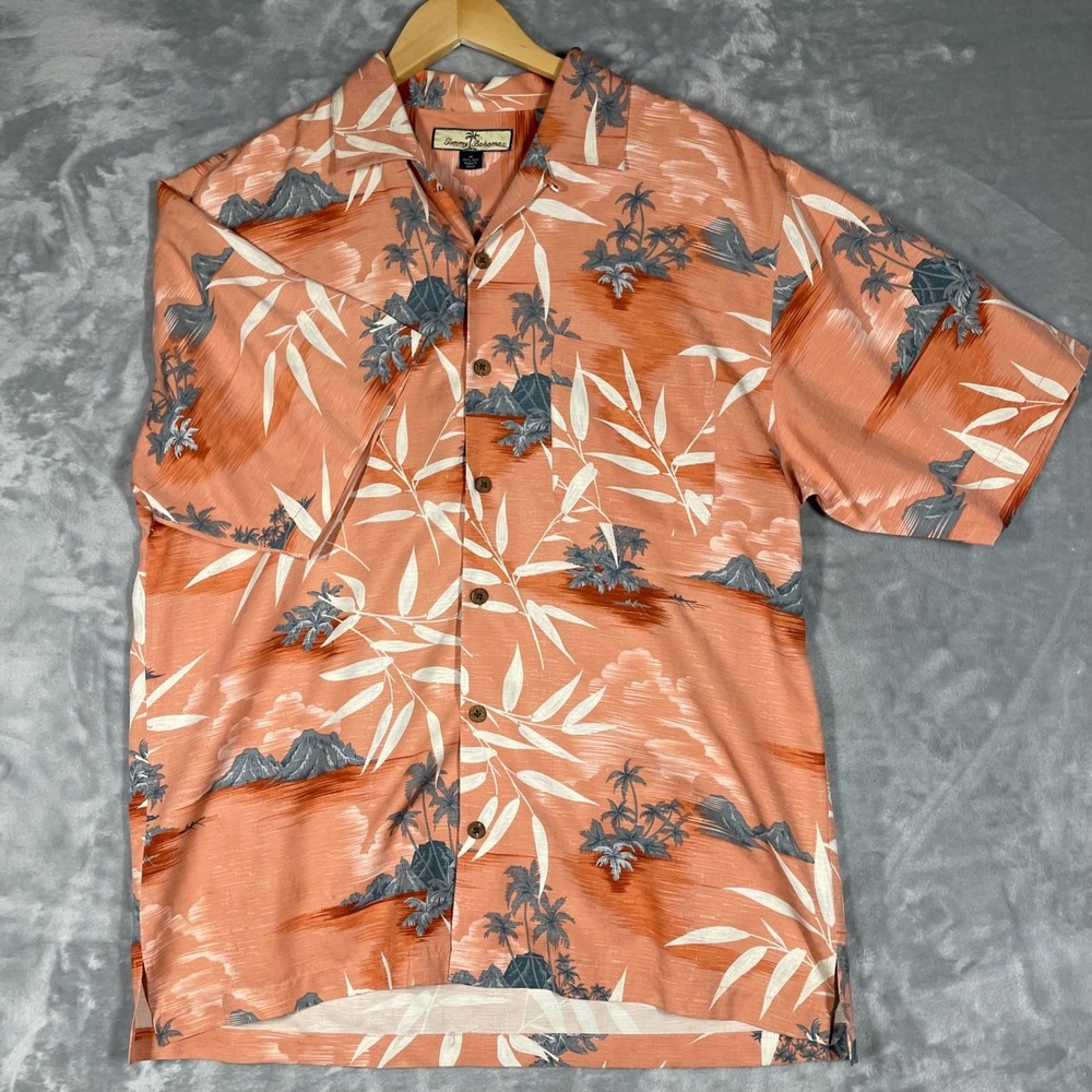 Tommy Bahama Mens Silk Hawaiian Shirt Coral Palm Tree Mountain Scene Button Up M - Picture 4 of 8
